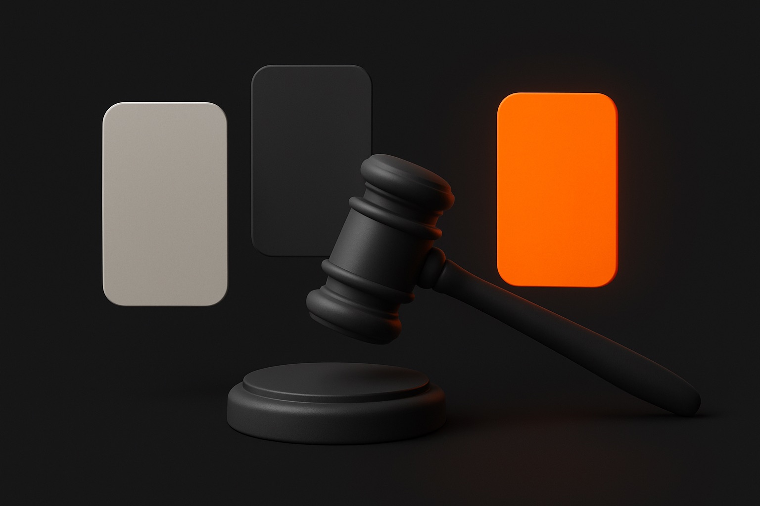 Instagram Werbung Preise entstehen in der Auktion: Auktionshammer vor grauen Anzeigen-Karten, eine leuchtet orange