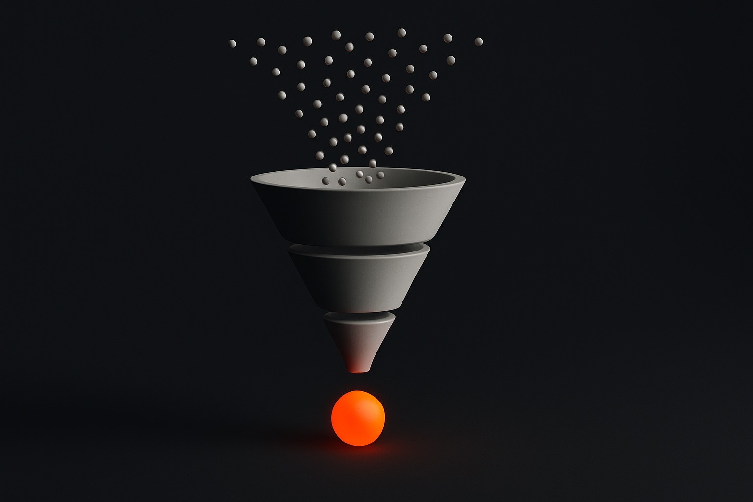 Lead Funnel dargestellt als Trichter mit drei Stufen, graue Kontakt-Partikel fließen hinein, unten tritt ein einzelner orange leuchtender qualifizierter Lead aus