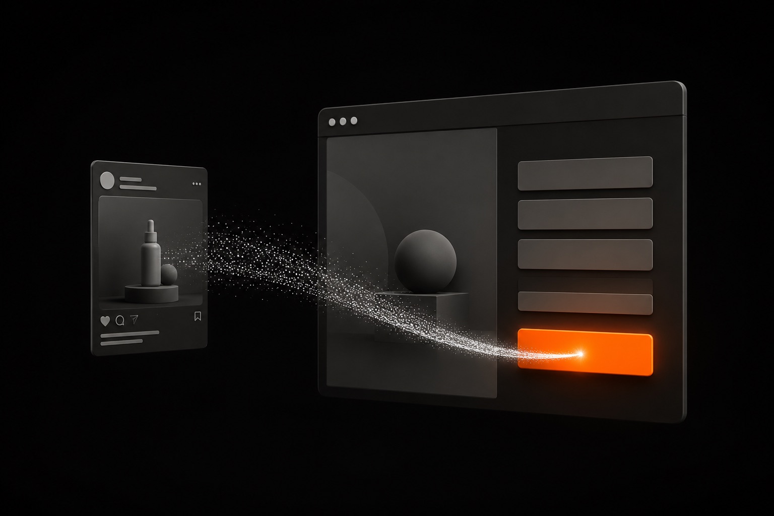 Meta Ads Agentur: Klick-Strom fließt von einer Anzeige in eine Landingpage, deren Anfrage-Button orange leuchtet