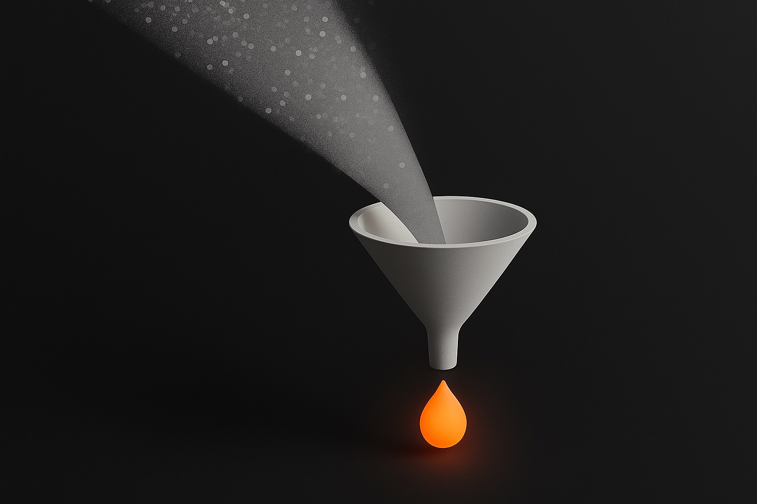 Was ist ein Funnel: ein breiter grauer Besucherstrom fließt in einen Trichter, unten tropft eine orange leuchtende Anfrage heraus